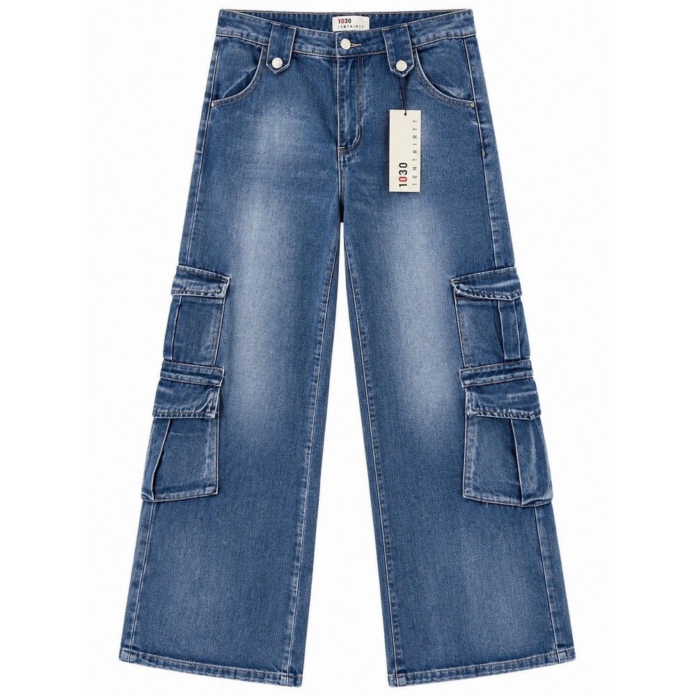 1030 TenThirty Womens Wide Leg Cargo Jeans Blue Vintage Wash Size 11/30
